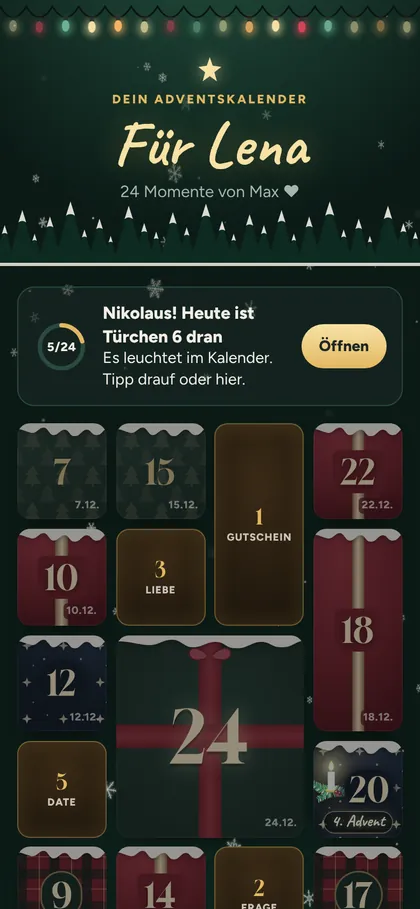 Der Kalender für Lena mit 24 verpackten Türchen, das Nikolaus-Türchen leuchtet